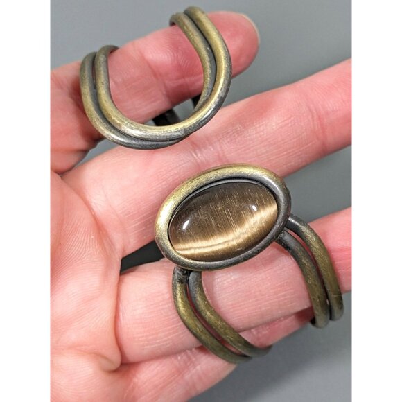 Beachy Coastal Bronze Tone Brown Cats Eye Oval Glass Cabochon Hinge Bracelet 7" - Picture 8 of 8